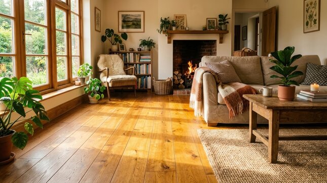 Warm oiled oak wood flooring illuminated sunlight cozy living room