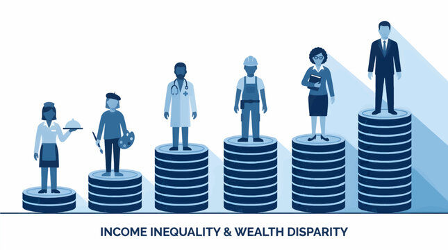 Flat Design Vector Illustration of Diverse Professions Standing on Stacked Coins Representing Income Inequality and Wealth Disparity, Blue Tones