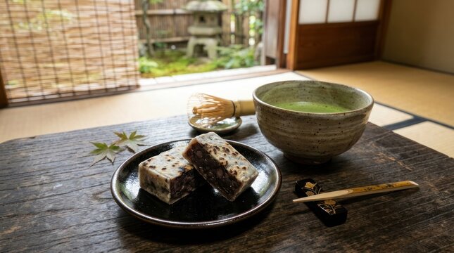 Traditional Japanese kintsuba cake sweet red bean paste green tea