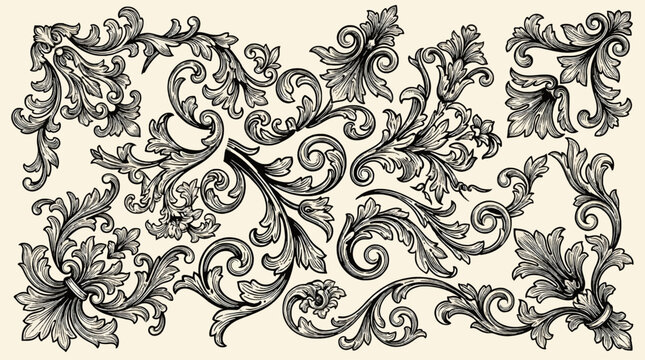 Ornate Black Damask Ornamental Flourishes and Swirls, Vintage Decorative Elements on Cream Background, Vector Illustration