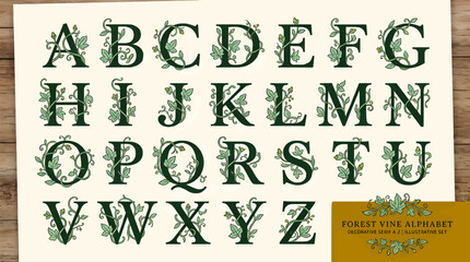 Decorative Serif Alphabet Letters A-Z with Forest Vine Flourishes, Green Ivy Leaves and Swirls, Vector Illustration Set on Light Background with Wood Texture Border © Laila