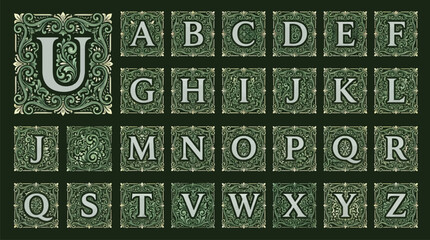 Ornate Alphabet Letters A-Z Encased in Decorative Square Frames, Vintage Floral Scrollwork Design, Elegant Typographic Graphic Resource © Leandri