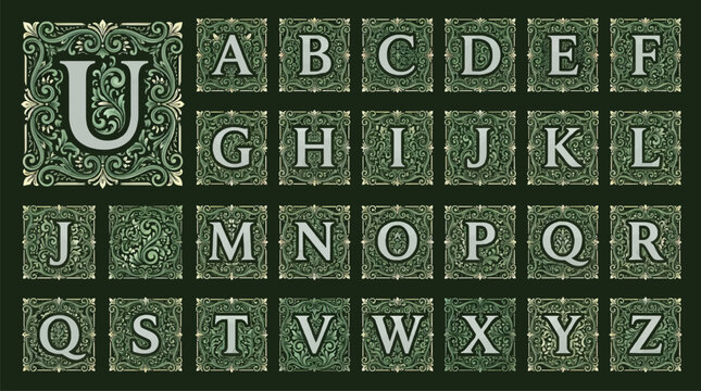 Ornate Alphabet Letters A-Z Encased in Decorative Square Frames, Vintage Floral Scrollwork Design, Elegant Typographic Graphic Resource