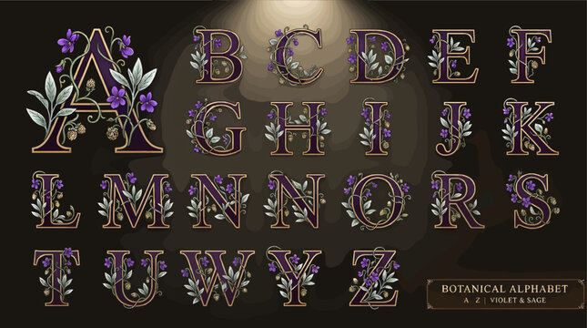 Decorative Botanical Alphabet Letters A-Z with Purple Flowers and Sage Green Leaves, Ornate Serif Font with Gold Trim on Dark Background, Elegant Vintage Design