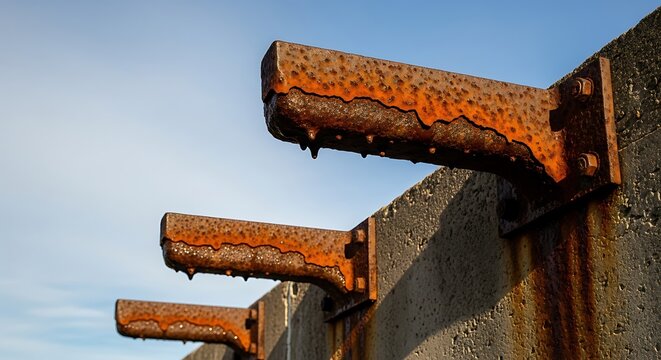 Rusty metal brackets attached to a concrete wall
