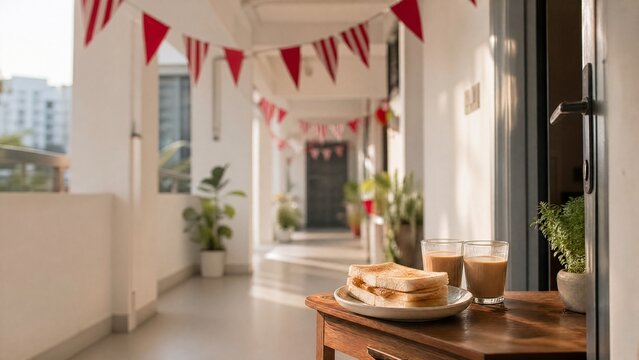 Striped bunting with kaya toast and pulled tea on wooden table, festive entryway gift theme. event programs, museum guides, designed for cultural heritage projects and event programs.