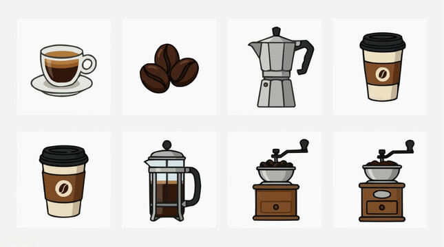 Coffee cup, beans, and brewing tools isolated on transparent background