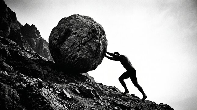 Man pushing a large boulder up a rocky hill in a black and white landscape with a cloudy sky