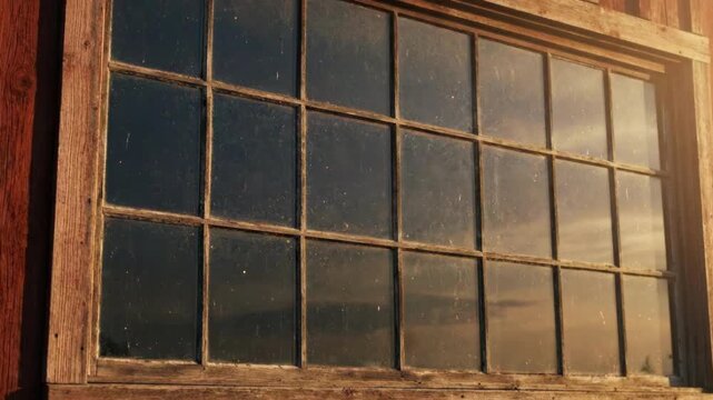 Antique wood window panes reflecting warm summer sunset light on a 4th july holiday afternoon, matching the aesthetic of 0611(21)_1_prob4 media