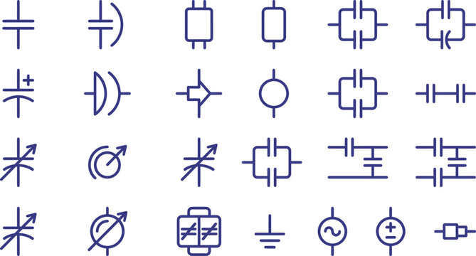 Minimalist blue vector illustration showing diverse electrical capacitor symbols for engineering and circuit board design projects