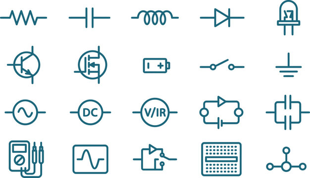 Detailed vector illustration featuring a collection of essential electronic circuit symbols and technical schematic components