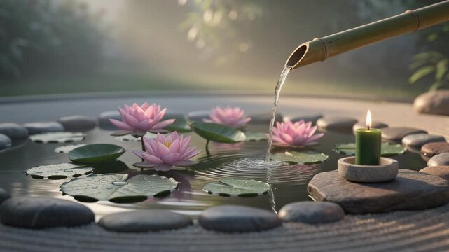 Tranquil garden scene with flowing water from bamboo spout into stone pond with fireflies at dusk