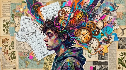 Fototapeta premium A vibrant collage of a young man with a creative explosion of thoughts, clocks, and papers in his head, symbolizing stress and inspiration
