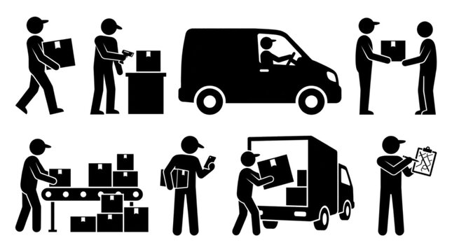 Delivery workers loading and unloading packages from van in urban setting flat style illustration