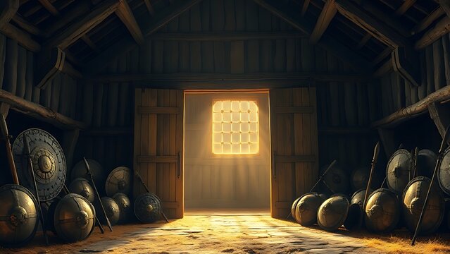 longhouse. A grand Viking longhouse with open oak doors and golden light on shields outside. real-estate listings, architecture portfolios, designed for interior renovation comparisons for interiors.