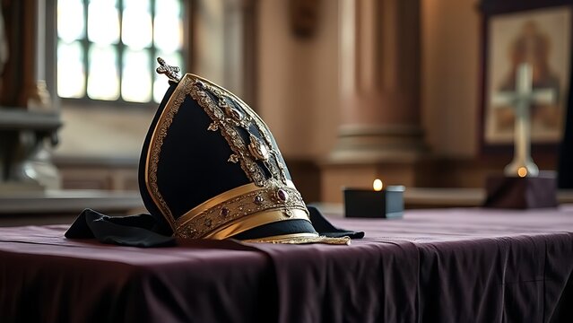 mitre. A bishop's ceremonial hat resting on dark velvet cloth, gemstones gleaming. event programs, museum guides, designed for cultural heritage projects and event programs, supports education.