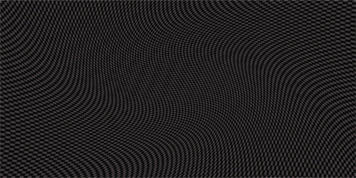 Abstract dark wavy grid background, distorted black and grey checkerboard pattern vector illustration.