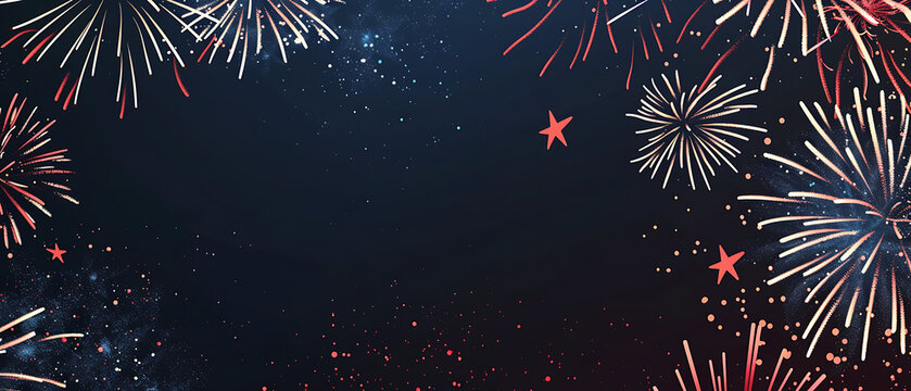 Wide dark blue 4th of July fireworks web banner with red stars and copy space for Independence day ecommerce promo and patriotic holiday campaign