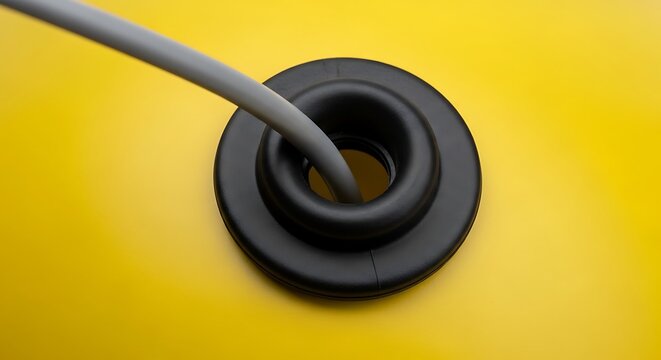 Closeup of a black rubber grommet with a grey cable on yellow