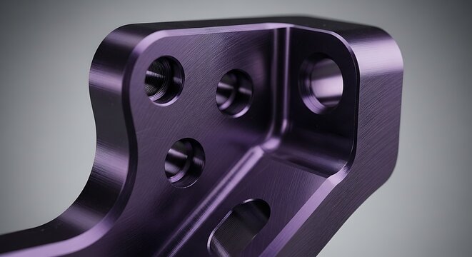 Closeup of a purple anodized cnc machined aluminum mechanical component