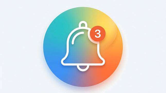 Colorful notification bell icon with number three alert on gradient background