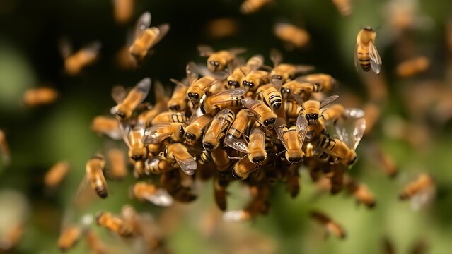 defensive. Disturbed bee swarm forming a defensive formation in the air. wildlife magazines, conservation campaigns, designed for wildlife conservation campaigns.