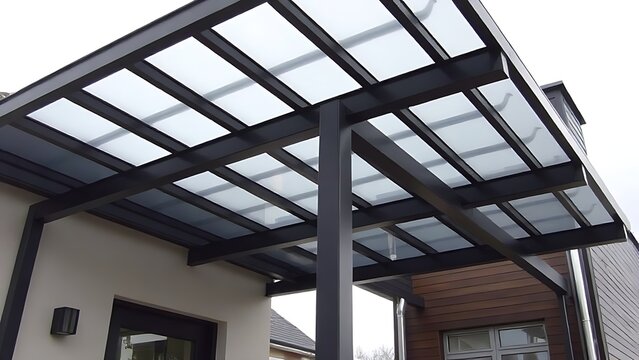 carport. Modern metal-framed carport with a translucent roof attached to a house. real-estate listings, architecture portfolios, designed for architectural facade and classical detail presentations.