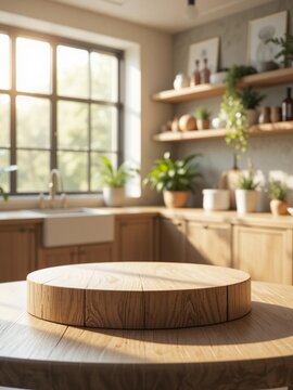 Modern minimalist kitchen interior with a round wooden display podium on a natural wood countertop, illuminated by warm sunlight. 