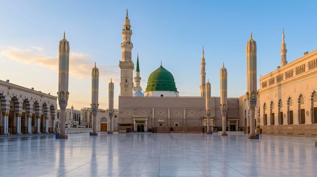 Beautiful daytime view of Al-Masjid an-Nabawi Prophet's Mosque in Medina with the iconic Green Dome, elegant minarets, and large white marble courtyard architecture under a clear sky.
