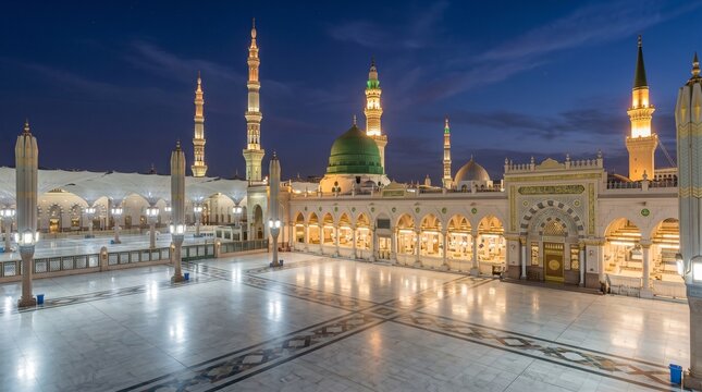 Stunning night view of Al-Masjid an-Nabawi Prophet's Mosque in Medina. Glowing green dome, illuminated minarets, grand arches, and a reflective marble courtyard under a twilight sky.