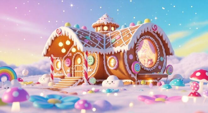 Illustration enchanteresse d'une maison en pain d'&eacute;pices aux d&eacute;tails color&eacute;s et au design festif
