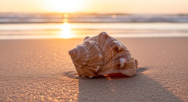 Gros plan d'un coquillage sur une plage de sable baign&eacute;e par la douce lumi&egrave;re du soleil couchant