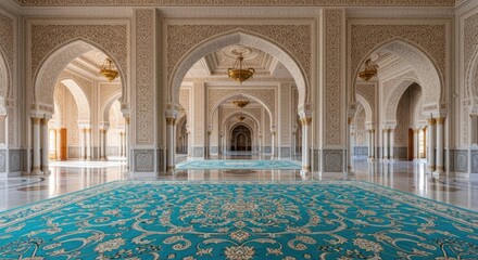 Obraz premium Elegant hallway with arches and decorative carpet in neutral tones