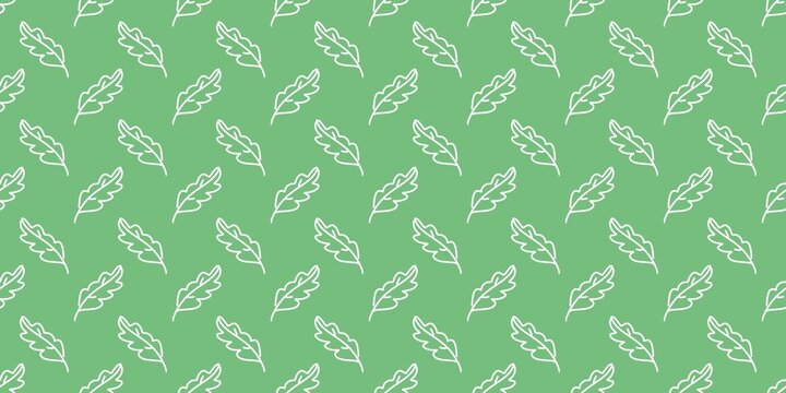 Seamless hand drawn oak leaf pattern on a solid green background. Minimalist doodle oak leaves backdrop for textile, wrapping paper, and wallpaper design.