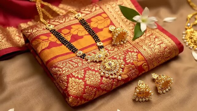 Traditional Indian Wedding Jewelry and Silk Saree Display.