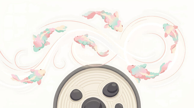 Koi fish swim around a wooden drum in a serene pond environment viewed from above.