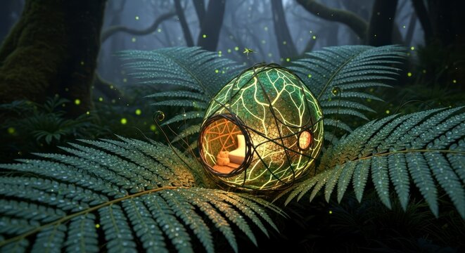 Orbe lumineux nich&eacute; parmi les foug&egrave;res dans un d&eacute;cor forestier dense, &agrave; l'int&eacute;rieur chaleureux