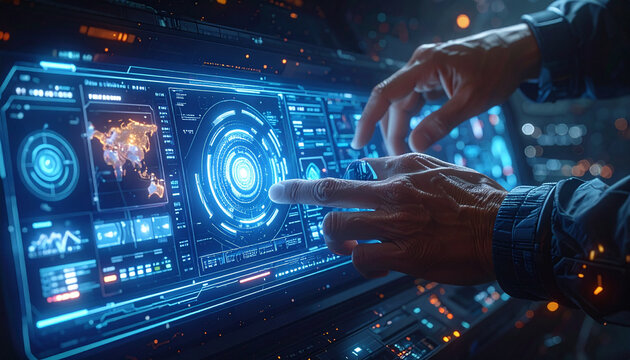 Mains interagissant avec une interface futuriste
