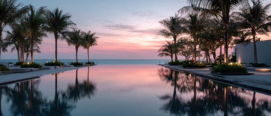 Fototapeta premium Tranquil scene of reflecting pool and palm trees at sunset