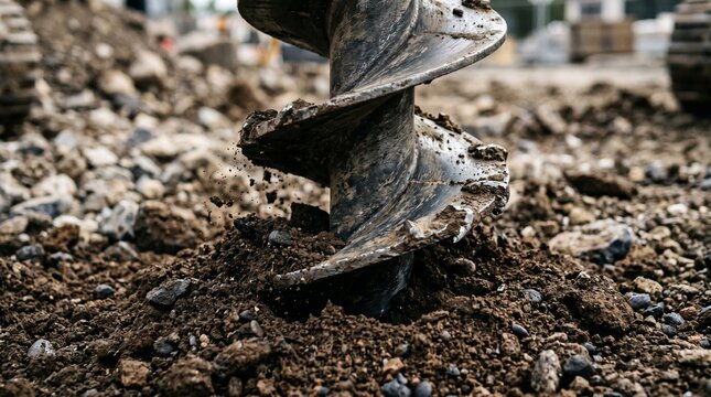 Close up of a large auger drill bit digging into the soil at a construction site with dirt and rocks flying