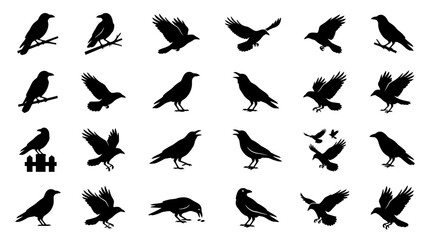 Fototapeta premium Black raven and crow silhouettes collection, dark bird vector icons in flying and sitting poses
