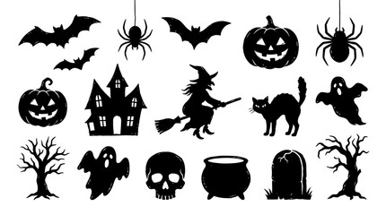 Fototapeta premium Comprehensive Set of Chilling Halloween Elements Featuring Bats, Pumpkins, Witches, and Ghosts for Creative Seasonal Graphic Design Projects and Eerie Themed Content