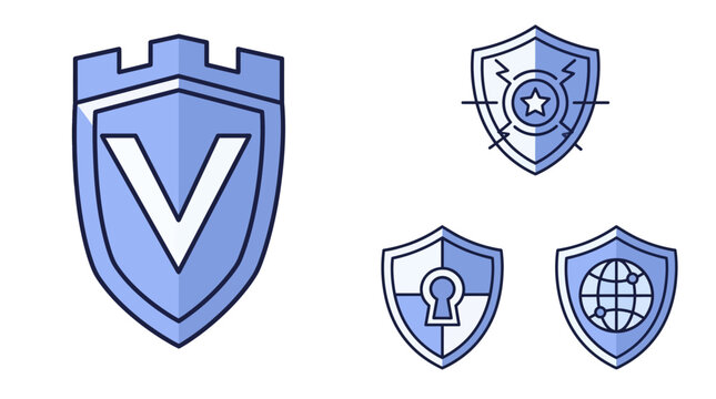 A set of blue security shield icons on white background