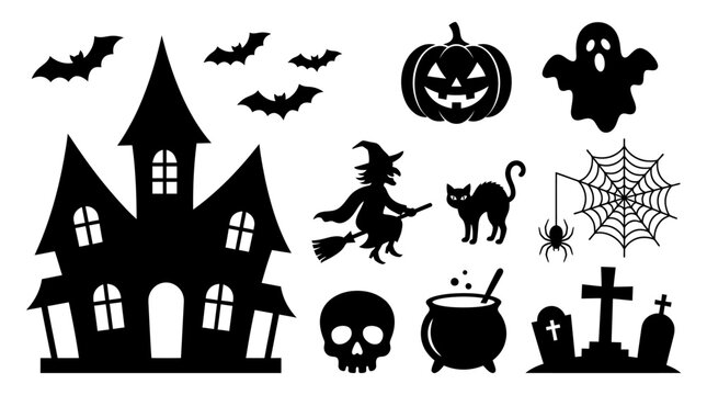 Halloween silhouette icons set featuring haunted house, bats, witch, pumpkin, ghost, skull, and grave