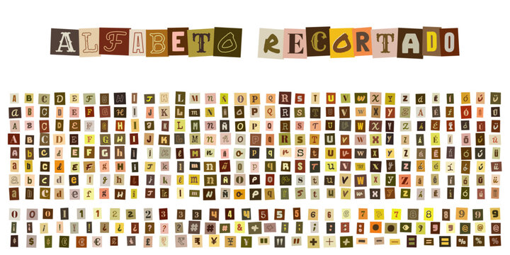 Alfabeto Recortado, letras estilo nota de rescate para diseno grafico, tipografia de recortes de revista para collage creativo