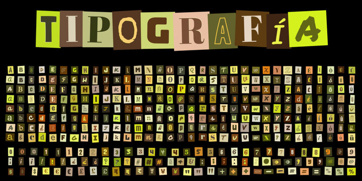TIPOGRAFIA, abecedario estilo nota de rescate con letras recortadas de revista, conjunto de caracteres tipograficos para diseno grafico creativo