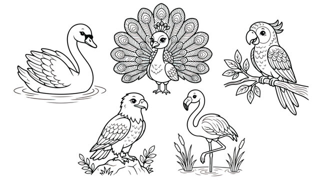 Cute cartoon birds coloring page set, 5 bird vector illustrations including swan peacock parrot eagle and flamingo, black and white line art