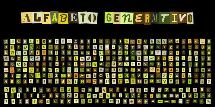 ALFABETO GENERATIVO, conjunto de letras estilo nota de rescate, tipografia recortada de revistas para diseno grafico creativo y collage
