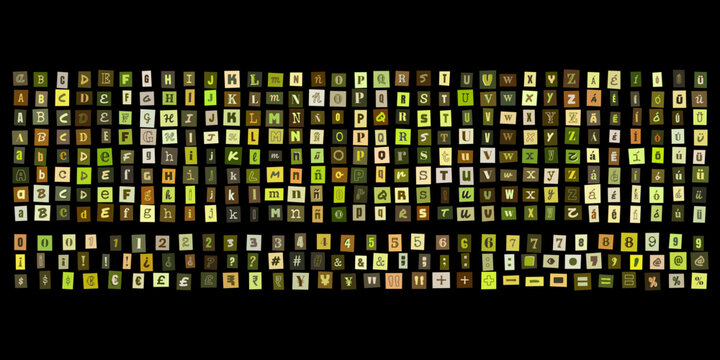 Alfabeto de letras recortadas estilo nota de rescate, conjunto de caracteres tipograficos para diseno grafico creativo y collage