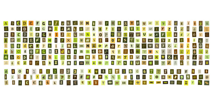 Alfabeto de letras recortadas estilo nota de rescate, conjunto de caracteres tipograficos para diseno grafico creativo y collage